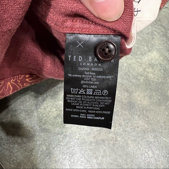 Ted Baker Men 5 US L Chaplin Coral Print 100% Linen Short Sleeve Button-Up Shirt - Picture 9 of 10